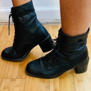 Lace-Up Ankle Boots: Black Leather, Vintage 90s--Size 8